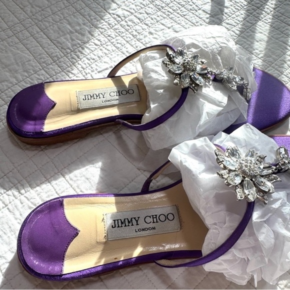 Jimmy Choo Violet Satin Sandals with Rhinestone Encrusted Flowers - Picture 2 of 4